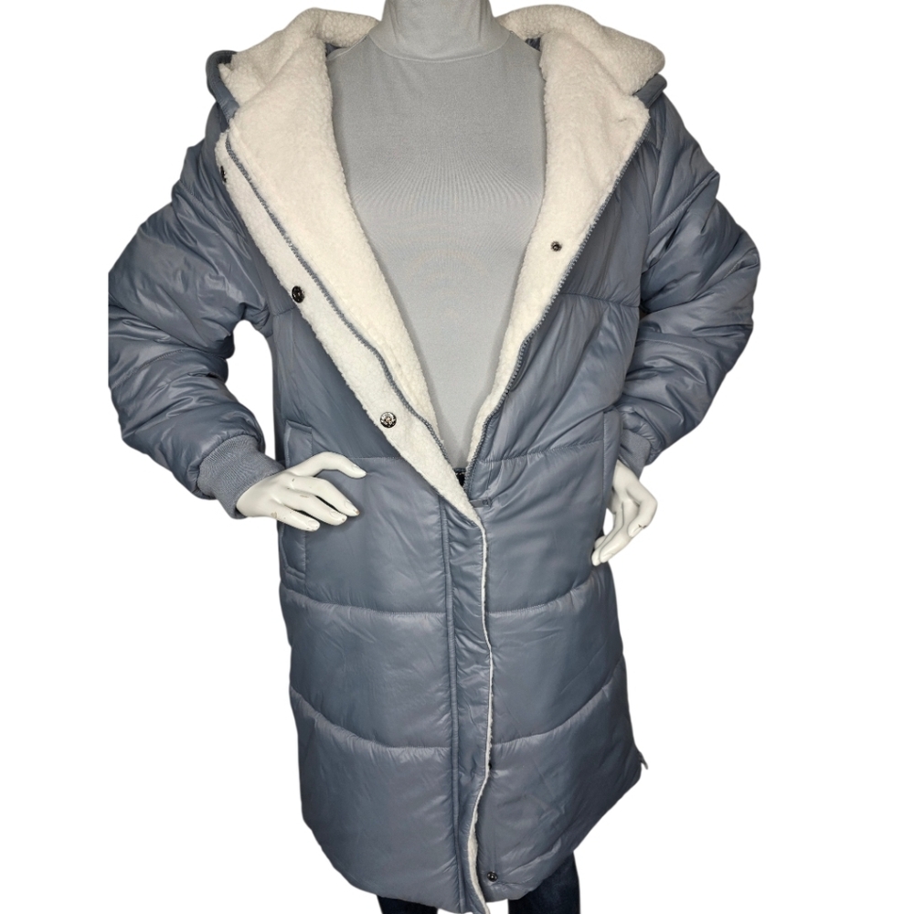 Grace & Lace Longline Hooded Sherpa Puffer Silver Blue Large NWT
